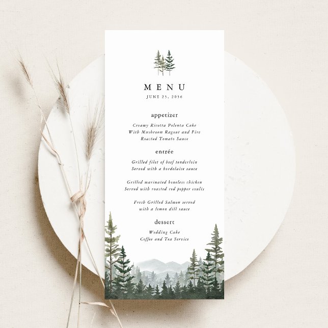 Menu Cardápio de Jantar de Recepção de Casamento de Flo (Mountain Forest Wedding Menu, Sage Green Pine Tree Wedding Menu Card, Woodland Reception Dinner Menu)