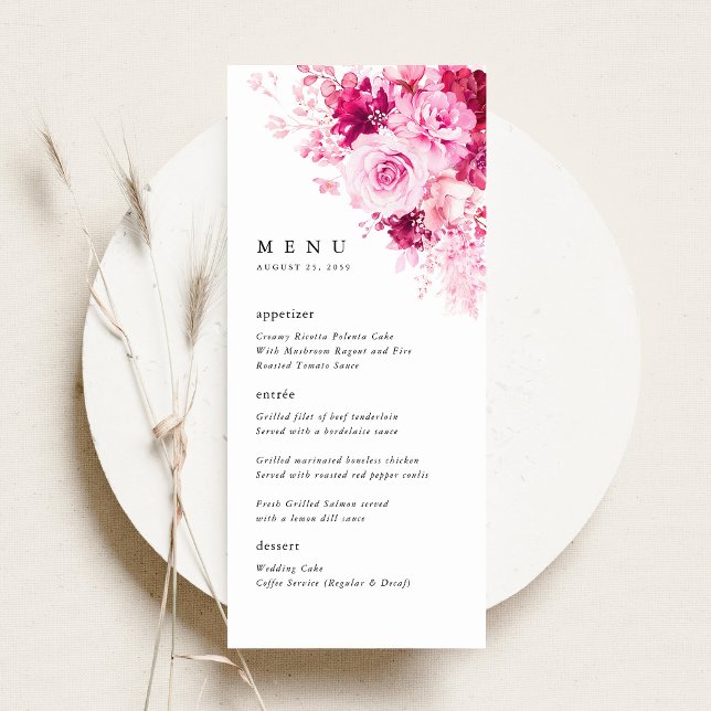 Menu Cardápio de Jantar de Recepção de Casamento Floral (Hot Pink Floral Wedding Menu Card, Pink Rose Peony Reception Menu, Elegant Garden Wedding Decor)