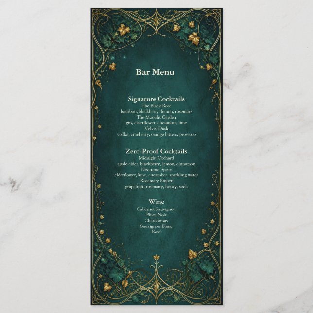 Menu Cardápio de Jantar do Bar de Casamento na Floresta (Frente)