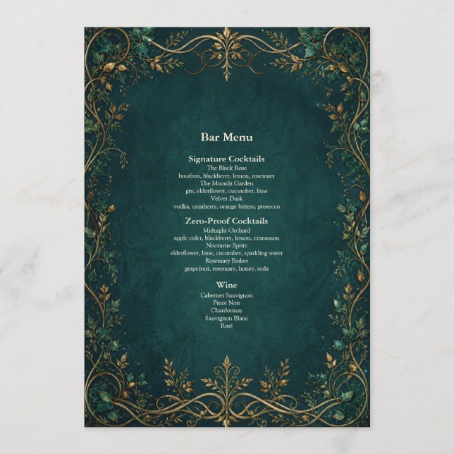 Menu Cardápio de Jantar do Bar de Casamento na Floresta (Frente)