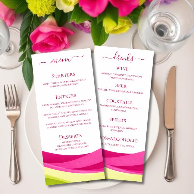 Menu Cardápio de Jantar e Bar de Casamento em Fuchsia e (Fuchsia and Lime Green Wedding Dinner and Bar Menu )