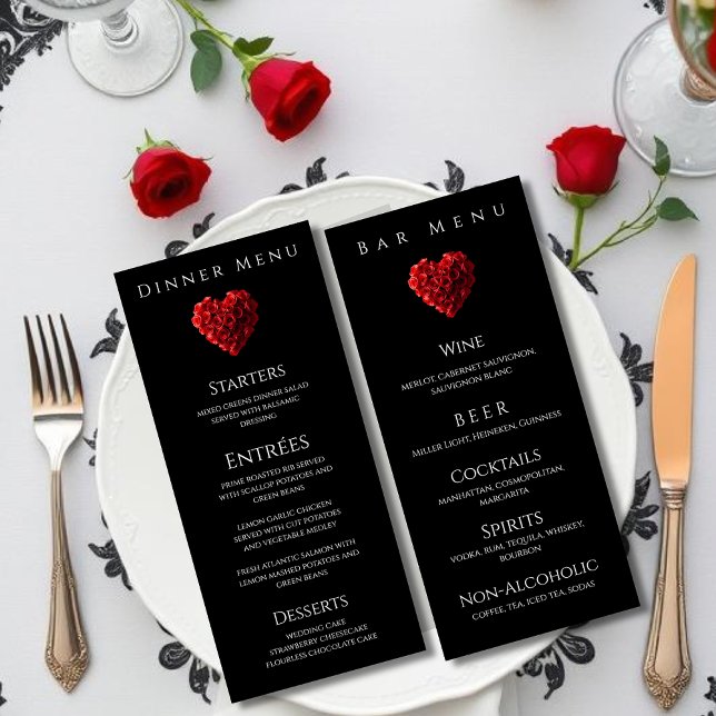 Menu Cardápio de Jantar e Bar de Casamento - Rosas Verm (Wedding Dinner and Bar Menu-Heart Shaped Red Roses Menu)