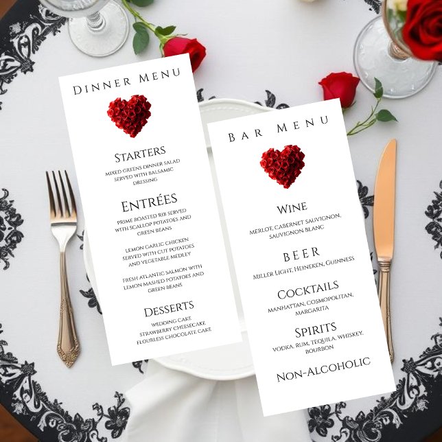 Menu Cardápio de Jantar e Bar de Casamento - Rosas Verm (Wedding Dinner and Bar Menu-Heart Shaped Red Roses Menu)