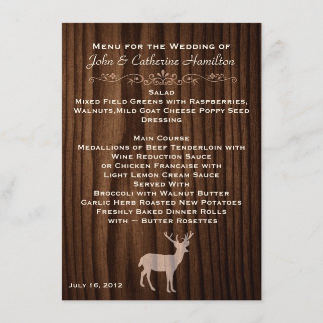 Menu Cardápio de Mesa de Casamento Dark Wood Deer Count (Frente)