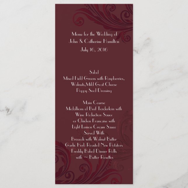 Menu Cardápio de Mesa de Casamento Magro com Floral Bur (Frente)