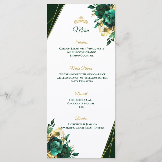 Menu Cardápio de mesa de Quinceñera em verde esmeralda  (Frente)