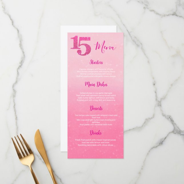 Menu Cardápio de Mesa Glitter Rosa Quinceñera (Frente/Verso In Situ)