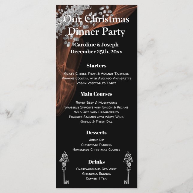 Menu Cardápio de Natal Chic Preto e Prata com árvore de (Frente)