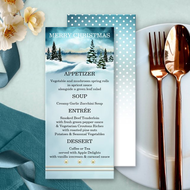 Menu Cardápio de Natal do Mundo de Inverno em Aquarela (Christmas menu card featuring a watercolor winter wonderland scene with snow capped pine trees)