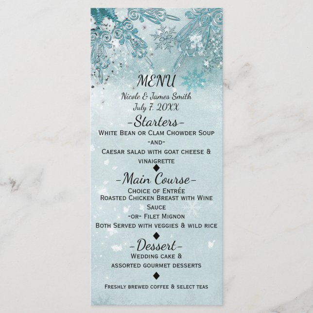 Menu Cardápio de Natal Flocos de Neve Espelhado de Inve (Frente)