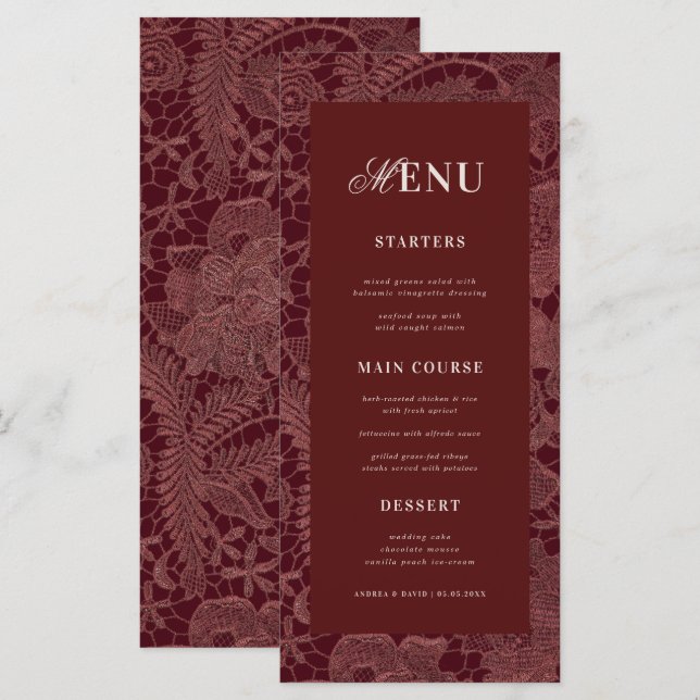 Menu Cardápio de Noite de Casamento Elegante em Renda B (Frente/Verso)