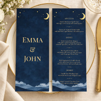 Menu Cardápio de Noite Estrelada de Casamento Azul Cele
