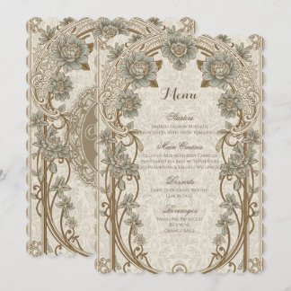 Menu Cardápio de Noiva Elegante Azul Dourado Floral Vin