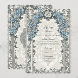 Menu Cardápio de Noiva Elegante Azul Floral Prata Vinta