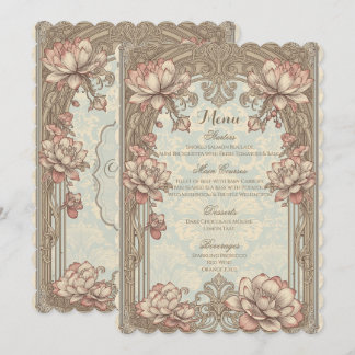 Menu Cardápio de Noiva Elegante Rosa Dourado Floral Vin