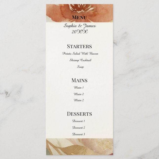 Menu Cardápio de Noiva Floral Outono Dourado (Frente)
