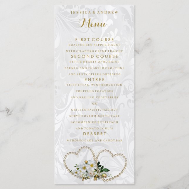 Menu Cardápio de Noiva Pérolas e Flores Damasko Casamen (Frente)