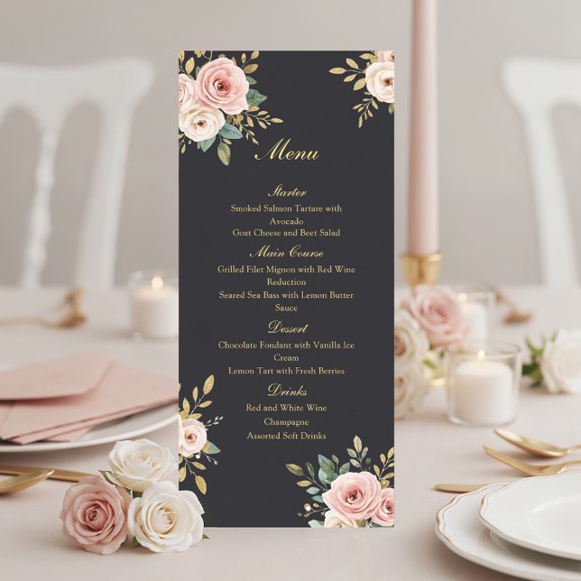 Menu Cardápio de Noivado de Rosas Pretas e Douradas Ele (Criador carregado)