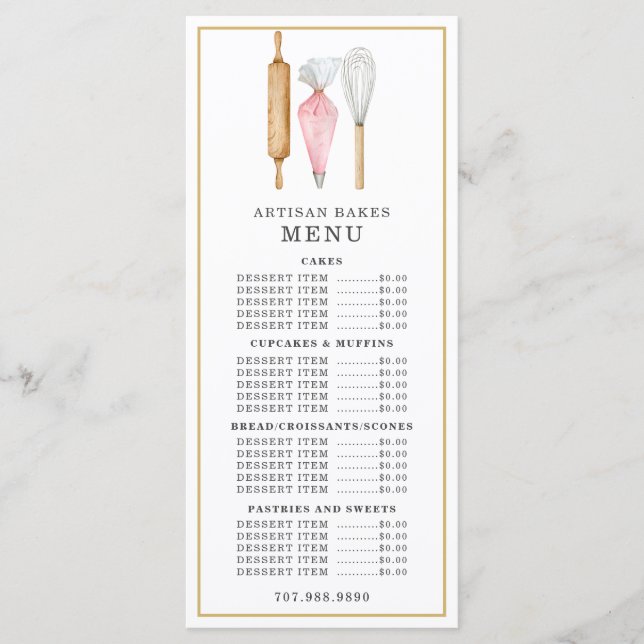 Menu Cardápio de Padaria Confeiteiro Aquarela Utensílio (Frente)