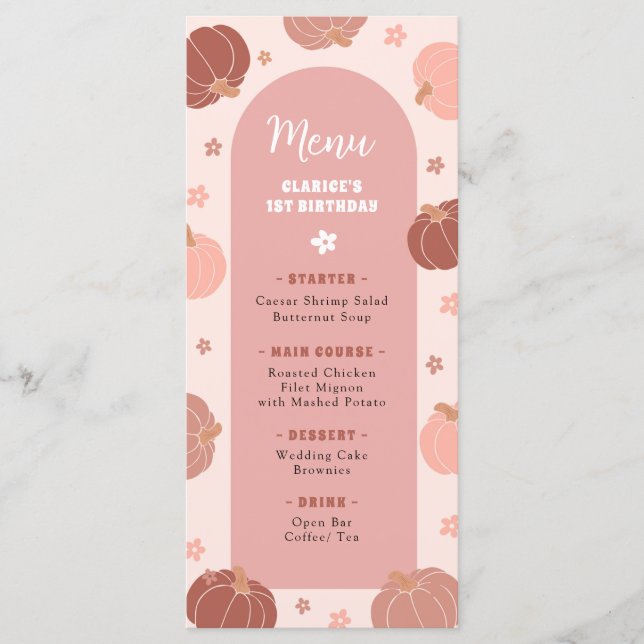 Menu Cardápio de Primeiro Aniversário Boho Abóbora Rosa (Frente)