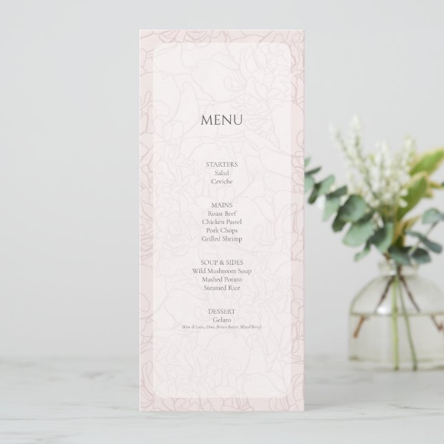Menu Cardápio de Recepção de Casamento Elegant Peony Bl (Em pé/Frente)