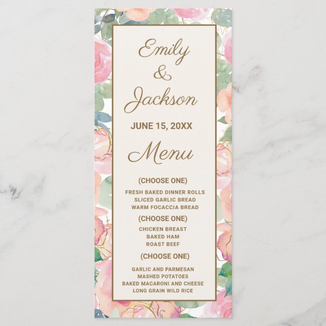 Menu Cardápio de Recepção de Casamento Flora Rosa Bege  (Frente)