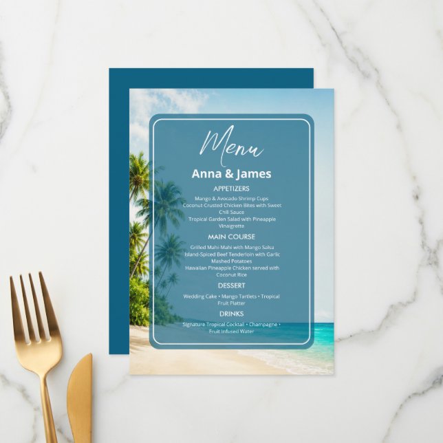 Menu Cardápio de Recepção de Praia Elegante (Frente/Verso In Situ)