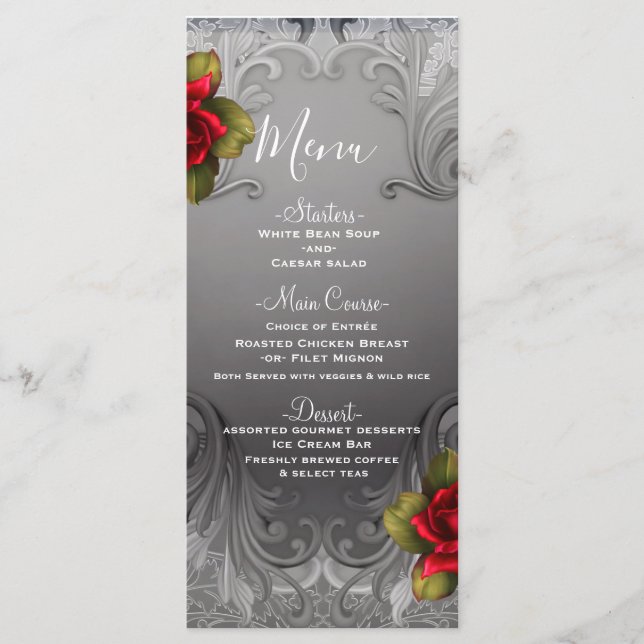 Menu Cardápio de Rosas Vermelhas Antigas Prateadas Orna (Frente)