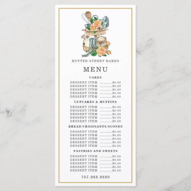 Menu Cardápio de utensílios de panificação aquarela Che (Frente)