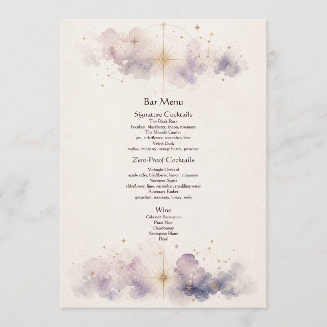 Menu Cardápio do Bar de Casamento Celestial (Frente)