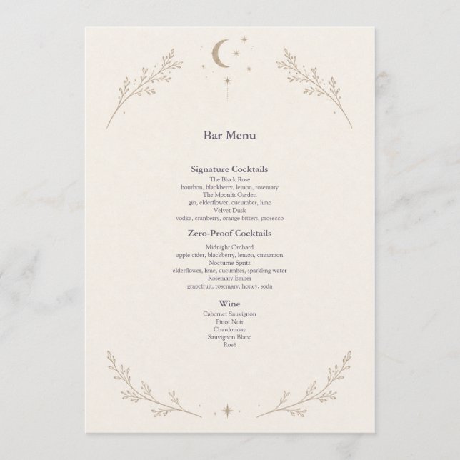 Menu Cardápio do Bar de Casamento Celestial (Frente)