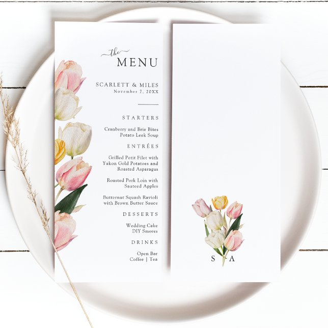 Menu Cardápio do Casamento Tulipa (Elegant Watercolor Tulip Wedding Menu Monogrammed by Painted Paperie
)