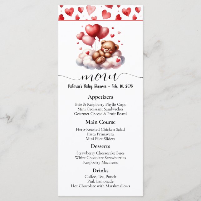 Menu Cardápio do Chá de Bebê do Ursinho de São Valentim (Frente)