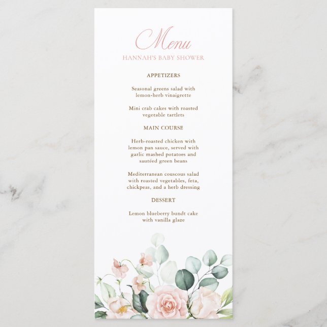 Menu Cardápio do Chá de Bebê Flores Rosa para Bebê Rosa (Frente)