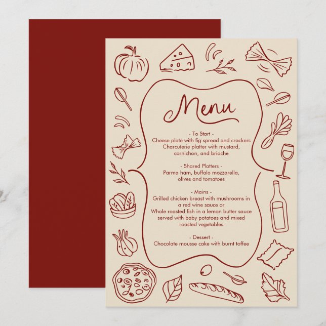 Menu Cardápio em Estilo Italiano Desenhado à Mão Rustic (Frente/Verso)