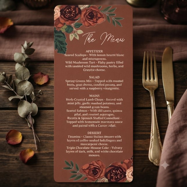 Menu Cardápio Floral Romântico Castanho Rústico, Cardáp (Criador carregado)