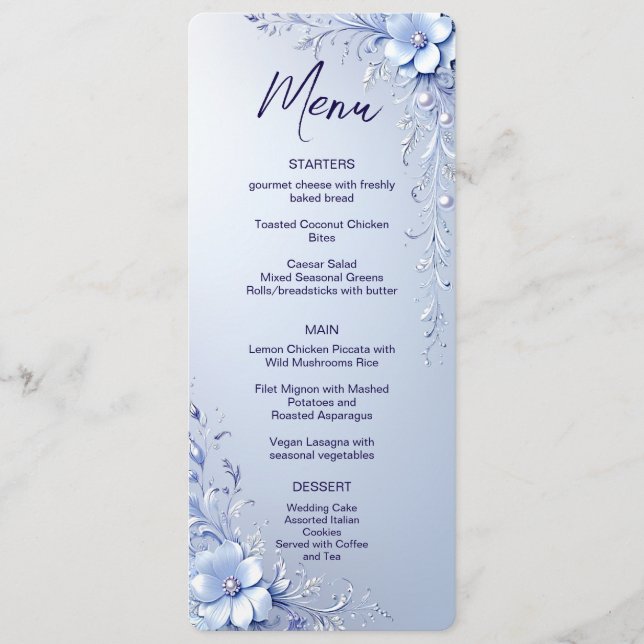 Menu Cardápio Flores Ornamentadas Azuis com Pérolas (Frente)