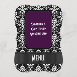 Menu Cardápio formal de casamento preto, branco roxo