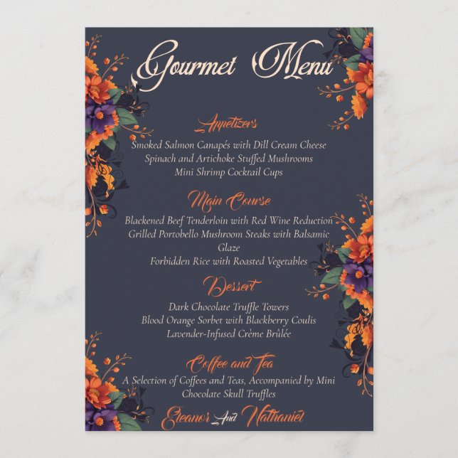 Menu cardápio gourmet Caveira Floral Gótico Elegante 3D (Frente)