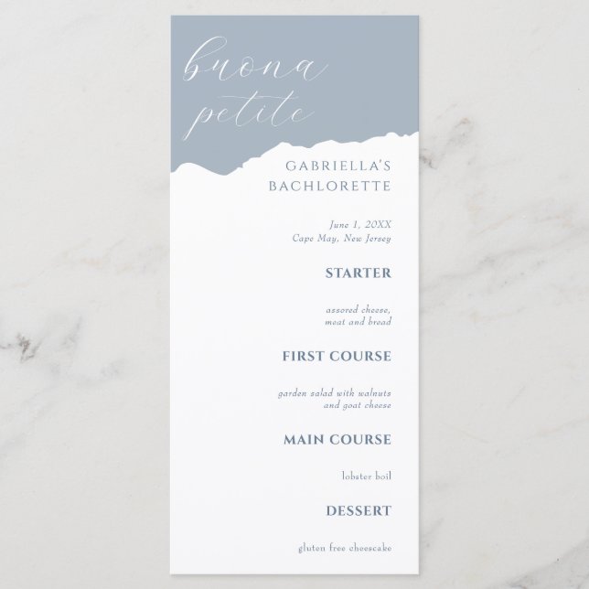 Menu Cardápio Italiano Dusty Blue para Despedida de Sol (Frente)