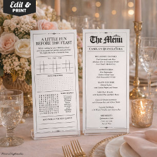 Menu Cardápio Personalizado de Quinceañera, Preto Branc