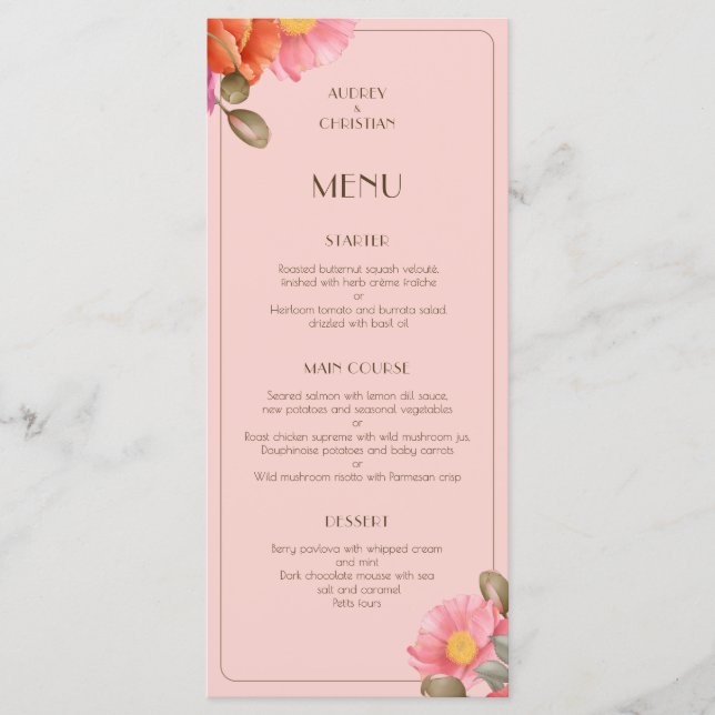 Menu Cardápio Plano de Casamento com Papoula em Aquarel (Frente)