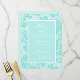 Menu Cardápio plano de casamento em padrão damasco azul