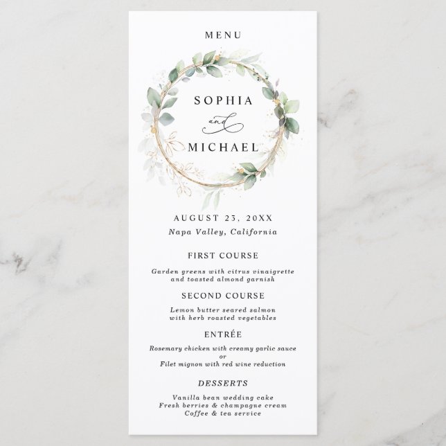 Menu Cardápio Plano de Casamento Verde e Dourado (Frente)