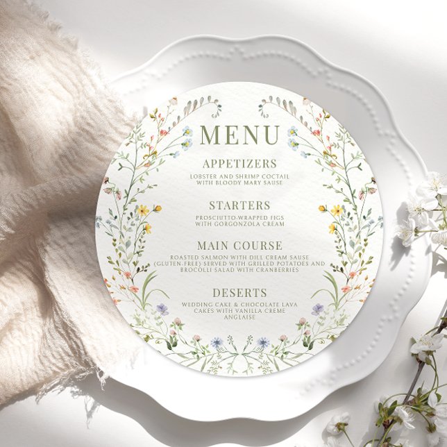 Menu Cardápio plano redondo de casamento de flores selv (Criador carregado)