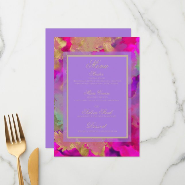 Menu Cardápio Plano Rosa, Roxo e Dourado em Mármore (Frente/Verso In Situ)
