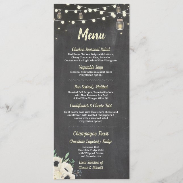 Menu Cardápio Recepção Casamento Jars Fireflies Giz (Frente)