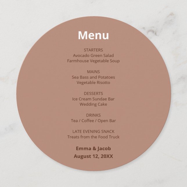 Menu Cardápio Redondo Casamento Moderno Marrom Mocha (Frente)