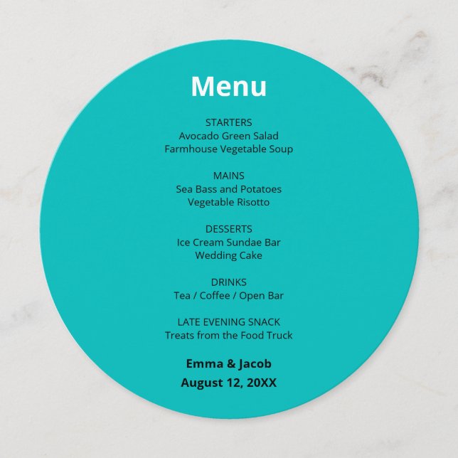 Menu Cardápio Redondo Casamento Turquesa Moderno (Frente)