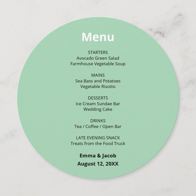 Menu Cardápio Redondo Casamento Verde Menta Moderno (Frente)